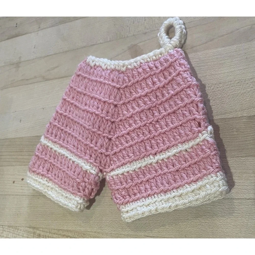 Vtg Crocheted Hanging Hot Pad 2 Trivets Bloomers Pink White ~Cottagecore Decor ~